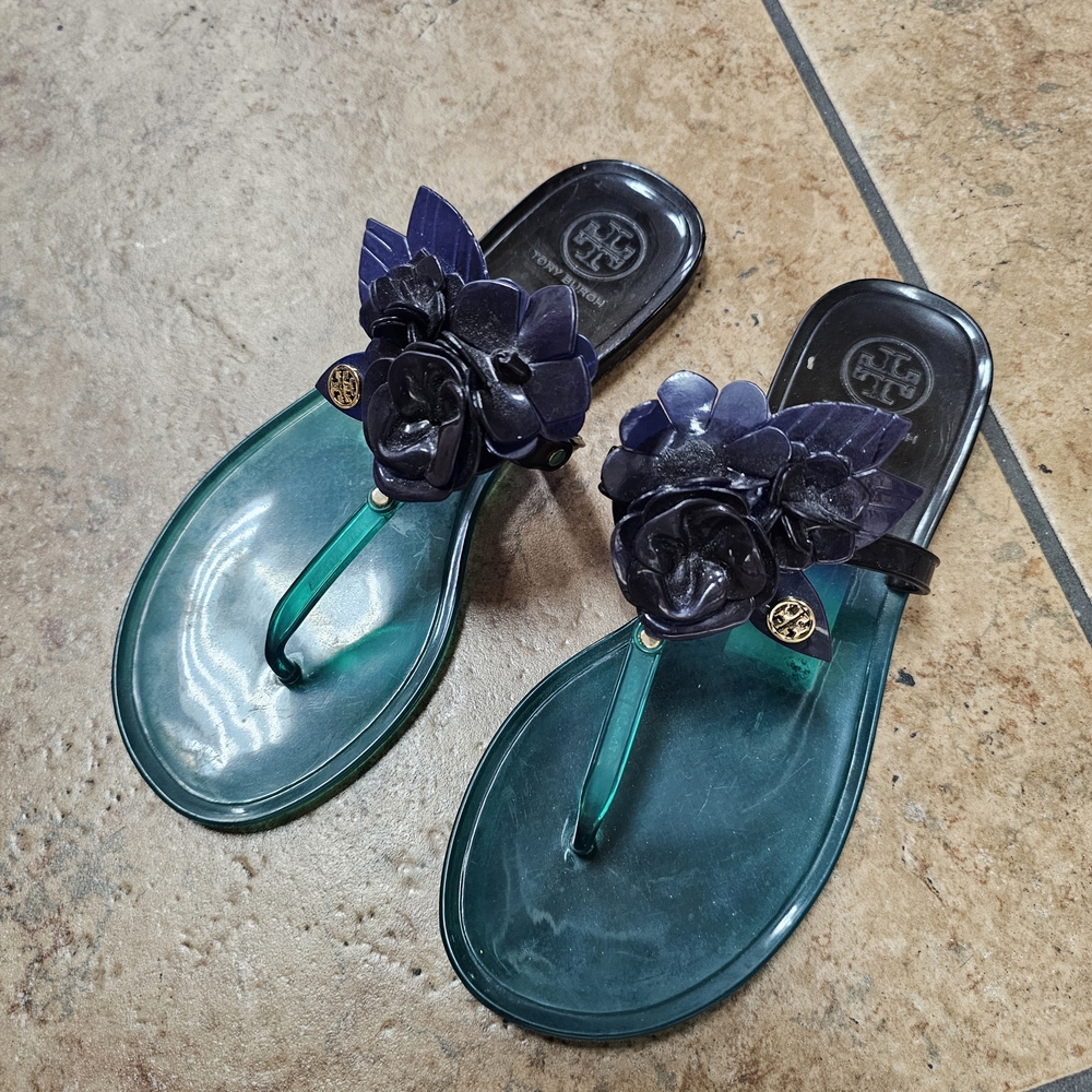 [Like NEW] TORY BURCH Gorgeous Dark Blue & Green Ombre Floral Jelly Sandals